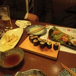 海鮮居酒家 七福水産 - アテ巻き、アンコウ唐揚げ、ワカサギ天麩羅（食べかけ）