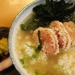 Tententei - 無添加辛子明太子茶漬  a bowl of rice soaked in  hot reen tea with spicy walleye pollock roes