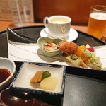 稲繁 - 旬の幸御膳の「前菜盛り、洋風茶碗蒸し、香の物」