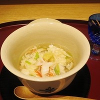 高松 - 先付　里芋、蓮根、お焦げ、蟹湯葉餡かけ