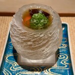 土方 - オクラと温泉卵の素麺  三輪そうめん神杉