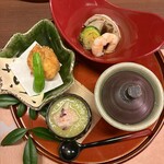 網元の宿 ろくや - 百合根饅頭、河豚の唐揚げ、海老と旬野菜焼き浸し