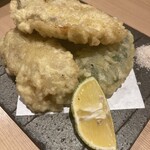 京都鴨そば専門店　浹 - 牡蠣とピーマンの天ぷら1200円
