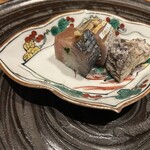 温石 - 鯖の棒寿司、大浦牛蒡竜田揚げ