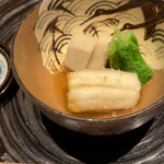 温石 - 太刀魚の衣揚げ、海老芋、ほうれん草