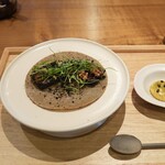 レストラン ウオゼン - イノシシ、鉄火味噌、新ネギ、蕎麦粉ガレットなしのソルベ