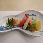 洛北荘 - ’15.01.03（土）　酢物（鮭蕪博多：鮟肝・ポン酢・海老・うるい酢味噌）