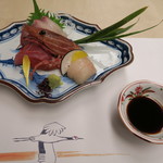 洛北荘 - ’15.01.03（土）　造里（間八・鮪・ボタン海老・貝柱：あしらい一式・土佐醤油）