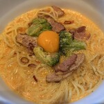 和ぱすた ぽぽらまーま - 料理写真:【ヨード卵光と吊るしベーコンのレッドカルボナーラ】