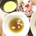 コトノハ - ポルチーニ茸と黒トリュフ[醤油]とうぐいす[抹茶]の昆布水つけそば