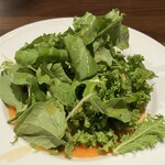 焼肉×創作びすとろ 笑進笑明 - ルッコラ、わさび菜、からし菜の下に人参の擦り流したソースを敷いた有機ハーブサラダ