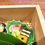 旬彩天 つちや - 河内鴨のロースト、そら豆青煮、ニシンの甘露煮、干し柿バター、粟生田楽 ○