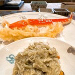 旬彩天 つちや - 松葉蟹 足の天ぷら、身の蟹味噌和え ◎めちゃくちゃ美味しい！