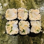 鮨桂太 - 牡丹海老巻き（上段）＆皮剥肝と烏賊巻き（下段）