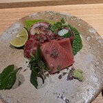 きたん 韻 - 鮪(気仙沼)半月熟成,万葉牛イチボ肉昆布〆,とろたく肉巻き寿司,ネギトロ肉巻き寿司