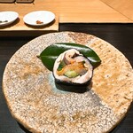 おみ乃 椿 - むね肉の太巻き きゅうり 牛蒡 セリ ◎めちゃくちゃ美味しい！この段階での冷たいお料理はアクセントになってめっちゃ良い