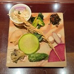 鳥旨 しだれ - 口直し(柴漬け･ひのな･紅大根･ほうれん草のおひたし･おかひじきの白味噌和え･セリのおひたし･鬼おろし･新生姜のガリ･キュウリとミョウガとナスの古漬け)