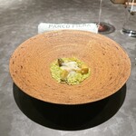 パルコ フィエラ - 利尻産天然あわび、密輸したゴルゴンゾーラ（クッキアイオ）リゾット、蒸し汁と余市産イタリア野菜（チーマディラーパ？）をクタクタにしたソース