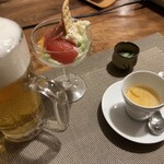 日本料理ひたち野いしざき - ポテサラ大好き。深い出汁を味わうミニ茶碗蒸し。ひとくちナマコきゅうり。楽しい〜