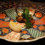 龍吟 - 北海道産 ”きんき” の焼き茄子包み ”蕗の薹醤油焼き” 炊き込んで煮崩したとろける ”海老芋” 2015.1.x