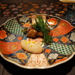 龍吟 - 北海道産 ”きんき” の焼き茄子包み ”蕗の薹醤油焼き” 炊き込んで煮崩したとろける ”海老芋” 2015.1.x