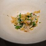 かわ村 - 白ミル貝と葉ニンニクのタリオリーニ　唐墨