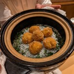 銀座 しのはら - えびしんじょうのフライ、しらす、梅のご飯