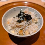 銀座 しのはら - えびしんじょうのフライ、しらす、梅のご飯