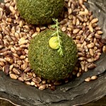 レヴォ - 頂に添えられたニンニクのクリームソースはまろやかで、ノコギリ草の青い香りが余韻に静けさを添えます。緑の濃淡と白の柔らかさが織りなす景色は、視覚だけでなく香りにも奥行きを与え、ひと口ごとに風景が変わるようでした。構造、香り、温度、食感が緻密に設計され、静謐で力強い印象を残す、完成度の高い一皿です。