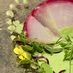 レヴォ - 塩釜焼きにした赤蕪は土の香りと塩の旨みが染み込み、噛むほどに滋味が広がる。ハーブの乳化ソースは柔らかな酸味と香りが赤蕪の甘みを引き立て、ペッパークレスのスパイシーな香りが余韻に緊張感を与える。花や新芽は視覚だけでなく、口に含むと春の青さを感じさせ、皿全体が“土から芽吹く命”を語りかけてくる。静謐で力強い、記憶に残る一品です。