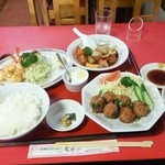 中華レストランちゅー - 酢豚定食(サラダ エビ天 ライス デザート 紅茶)1000円 肉だんご(小)500円