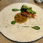 aoi restaurant - ◯魚料理=
      金目鯛の炭火焼き、なばな添え、下ネタネギのソースにネギオイル掛け＆なばなソース