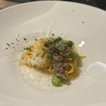 Il Lato - ラムろそら豆のパスタ、手打ちの中細麺だが腰がある、出汁もしっかり効いた旨口のソースで食べ応えあった、ペアリング9杯目は写真撮り忘れBrunello di Montalcino