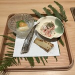 大月 - 先付け　松葉蟹　たけのこ　めひかり　うるいの柚子味噌