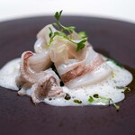 レストラン オオツ - 2026.1 文旦で和えた大内商店ヤリイカ 菜の花 ヤリイカブイヨン バジルオイル