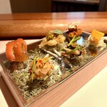 jinen. - ②オードブル6種
      ・あん肝
      ・ワササギエスカベッシュ
      ・鰤大根サラダ
      ・カワハギカルパッチョ
      ・芹と生ハム
      ・カラスミ