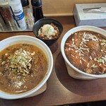 豪壱 - 料理写真:担々麺（朱）（税込1,000円＆さらに辛い麻婆ラーメン（税込1,000円＆ミニライス（温たま とり辛そぼろ）（税込250→ランチタイム150円）