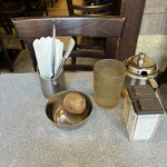 カリーライス専門店エチオピア - 窓側テーブル席(中)、ジャガイモ、お冷や、カトラリー