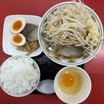 ラーメン もっけだの - 『ラーメン 朝食セット(ライス大盛・野菜マシマシ・背脂普通・ニンニクあり)＋A賞特典』