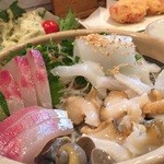 肴の店 枝むら - お刺身盛り合わせ（縞鯵、ツブ貝、烏賊）