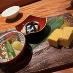 焼鳥あかぎ - 豆腐味噌和え、黒胡麻バンバンジー、だし巻き