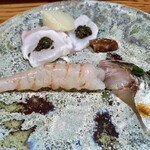 千ふく - 長崎五島列島 九絵 肝 海苔ソース ・北海道 ぼたん海老 いり酒 ・明石 鬼鯵 あたり葱