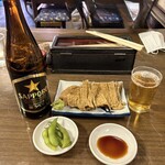 翁庵 - ビール(中瓶)700円　枝豆付き
