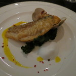 XEX ATAGO GREEN HILLS / Salvatore Cuomo Bros. - カリカリに仕上げた甘鯛のうろこ焼き 柔らかく蒸した鮑とサフラン風味の蛤のソースで柚子の香りの泡をのせて