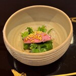 割烹 新多久 - いのししハツ／やさい色々