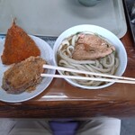 山下うどん - かけ大(温)＆アジフライ＆さつまいも天