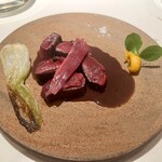 レストラン オオツ - ﻿◆常陸国天然まがも サルミソース ゆずもファーム宿儺かぼちゃピュレ コザワファームラボ葉玉葱