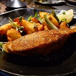 abc cocina - roasted faroe island salmon, market potatoes, sweet onions. guajillo vinaigrette