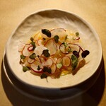 abc kitchen - fuke sashimi shaved radish, nasturtium vinaigrette