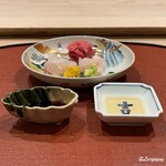 御料理 寺沢 - 天然本鮪と寒鮃と縁側の造りを割醤油と煎り酒